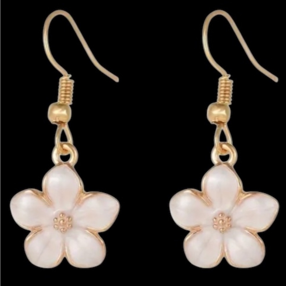 Creamy White Enamel Flower Dangle Gold Toned Earrings - Picture 2 of 3
